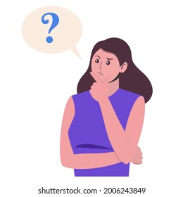 Cartoon young woman thinking with question mark in speach bubble. Girl thinks about problem and doubts. Woman and question bubble thinking. Vector flat illustrations