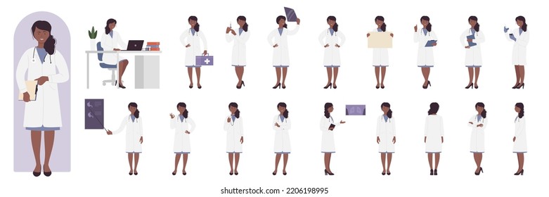 Cartoon young woman working at hospital desk, standing with first aid box, posing in front, side and back view, showing xray presentation. African american black doctor poses set vector illustration