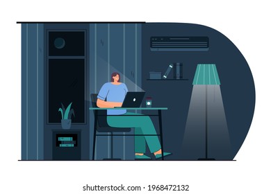 Cartoon young woman working on laptop at night. Flat vector illustration. Smiling female character sitting at her desk at night and working on computer. Freelance, modern technologies, work concept