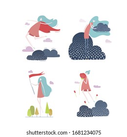 Cartoon young women in different situations. Cute character isolated on white background. Modern vector feminie illustration.