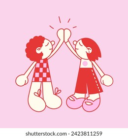 Cartoon young women (girls) give high five vector illustration. Red and pink colors.