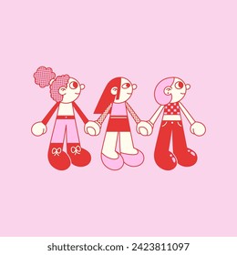 Cartoon young women (girls) holding hands vector illustration. Red and pink colors.