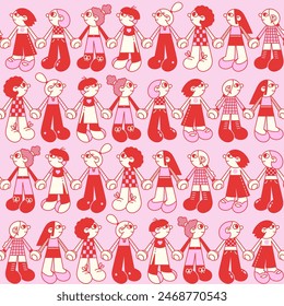 Cartoon young women (girls) holding hands vector seamless pattern. Red and pink colors.