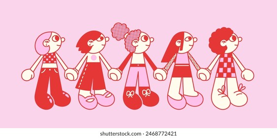 Cartoon young women (girls) holding hands vector horizontal illustration. Red and pink colors.