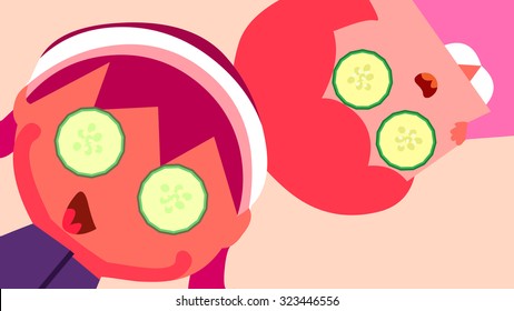 Cartoon young women, ladies, girls with diy ice cucumber slice pad mask. Beauty salon skin care, spa facial massage therapy treatment. Home remedy to reduce bloated chubby face, baby fat, puffy eyes.