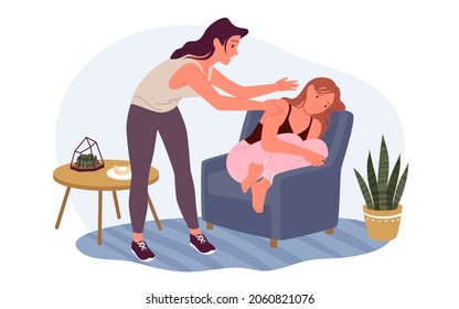 Cartoon young women talking, helping best friend with problems, sitting on couch at home together. Female friendship concept. Help and support from friends to unhappy girl vector illustration