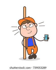 Cartoon Young Worker Boy Showing a Music Player