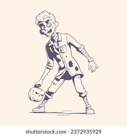 Cartoon young zombie monster holding pumpkin. Funny and scary character