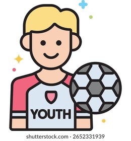 Jogador de futebol jovem dos desenhos animados com cabelo loiro segurando uma bola