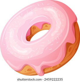 Cartoon yummy donut with pink glaze and coconut shavings on white background. Vector illustration of food, desserts, pastries