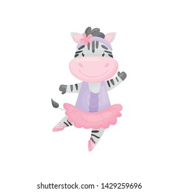 Cartoon zebra in ballerina dress. Vector illustration on white background.