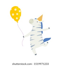 Cartoon zebra with a balloon. Vector illustration on a white background.