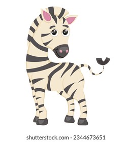 Cartoon zebra. Cute animal character. Wild Africa. Safari baby. Little creature. Funny mammal. Horse with stripes. Savanna childhood. Funny zoo. Isolated on white background. Vector illustration