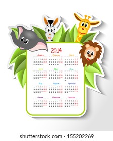 cartoon zebra, elephant, giraffe and lion with calendar 2014 - vector illustration, eps 10 with transparency