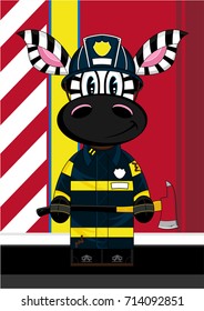 Cartoon Zebra Fireman with Axe