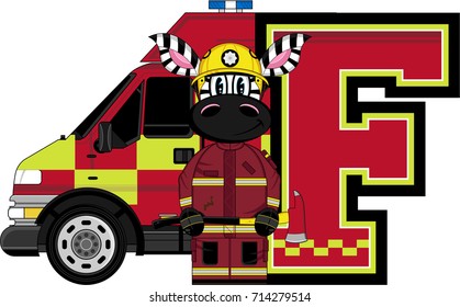 Cartoon Zebra Fireman - Firefighter Letter F Alphabet Learning Illustration
