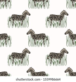 Cartoon Zebra in Grass Seamless Pattern. Cute Safari Animal Background. Hand Drawn Kawaii Kid Motif Illustration Doodle in Flat Color. EPS 10