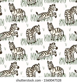 Cartoon Zebra in Grass Seamless Pattern. Cute Safari Animal Background. Hand Drawn Kawaii Kid Motif Illustration Doodle in Flat Color. EPS 10