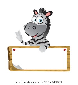 Cartoon Zebra holding a big blank wooden board signage