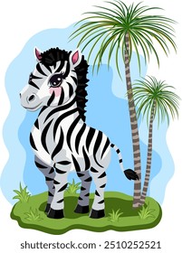 Cartoon zebra in illustration.Color vector illustration with a zebra under a palm tree on a green meadow.