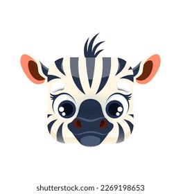 Caricatura de cebra kawaii cuadrada cara animal. Bebé de caballos africanos a rayas. Icono vectorial aislado, retrato de caracteres safari, botón de aplicación zoológico, elemento de diseño gráfico