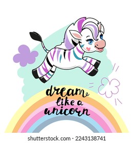 Cartoon zebra in multi-colored stripes on a white background isolated. Vector illustration. Dream like a unicorn