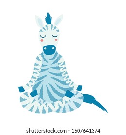 Cartoon zebra performing yoga exercise. Scandinavian style character sitting in lotus posture and meditating vipassana meditation Isolated. For children and print screen method. Flat vector.