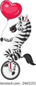 Cartoon zebra riding one wheel bike  holding love shape balloon