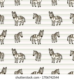 Cartoon Zebra Seamless Pattern. Cute Safari Animal Background. Hand Drawn Kawaii Kid Motif Illustration Doodle in Flat Color. EPS 10