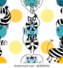 Cartoon zebra seamless pattern.Funny and cute animals.  Hand drawn vector illustration.