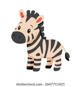 A cartoon zebra with a smile on its face. The zebra is standing on a white background