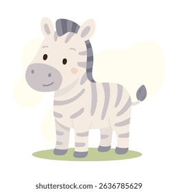 Cartoon zebra standing on grass with cute face and soft gray stripes, pastel colors and friendly look make it ideal for children s illustrations and safari-themed content.