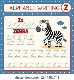 Cartoon Zebra Walking Beside Letter Z Tracing Lines for Alphabet