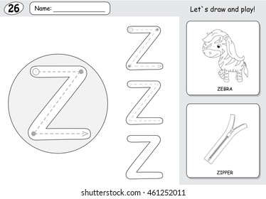 Cartoon zebra and zipper. Alphabet tracing worksheet: writing A-Z, coloring book and educational game for kids