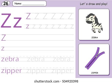 Cartoon zebra and zipper. Alphabet tracing worksheet: writing A-Z, coloring book and educational game for kids