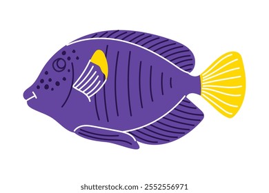 Cartoon zebrasoma aquarium fish. Cute tropical red sea fish in doodle style. Isolated vector illustration in white background.