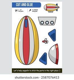 Cartoon zeppelin cut and glue activity for kids educational worksheet