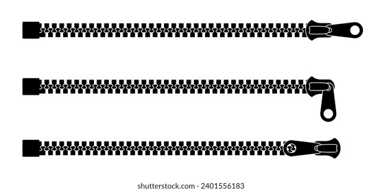 Reißverschluss mit Reißverschluss mit Reißverschluss. Klammern Sie sich an. Bekleidungszubehör und Reißverschlusstypen. Zöpfe. Set mit geschlossenem und offenem Reißverschluss mit Verschluss. Entpacken, geschlossene Reißverschlüsse. Zip-Zeiger-Symbol.