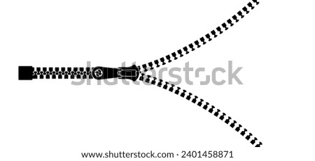 Cartoon zip fastener with zipper puller. Clasp for clothes. Clothing accessories and zip types. Zippers. Set of closed and open zip with fastener. Unzip, closed zipper locks. Sewing zip line icon.