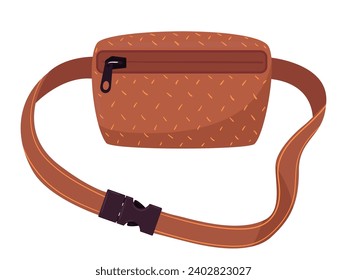 Cartoon zipped pouch bag. Vintage waist bag, old school nylon belt bag with zipper pocket flat vector illustration. Brown waist bag