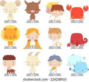 cartoon zodiac characters manga symbols cartoon vector illustration