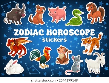 Paquete de pegatinas de animales del horóscopo del zodiaco de dibujos animados. Personajes del horóscopo del Año Nuevo chino Vector. Dragón, serpiente, caballo y conejo, cabra, tigre, perro y mono, rata, cerdo, buey y gallo animales pegatinas