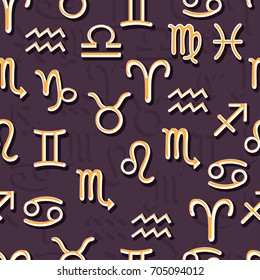 Cartoon zodiac sign seamless pattern, colored astrological symbols on a dark purple background. For wallpaper design, fabric, wrappers, decorating. Vector illustration