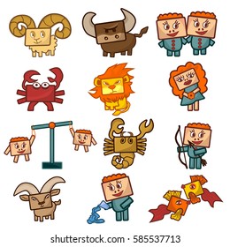 Cartoon Zodiac signs. Set of Vector illustrations of cute funny cheerful zodiacs with rectangular faces