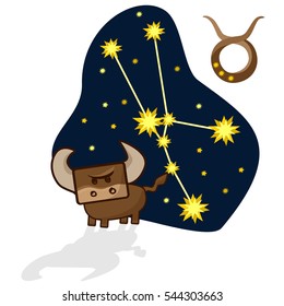 Cartoon Zodiac signs. Vector illustration of the Taurus with a rectangular face. A schematic arrangement of stars in the constellation Taurus