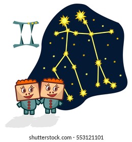 Cartoon Zodiac signs. Vector illustration of the Gemini with a rectangular faces. A schematic arrangement of stars in the constellation Gemini