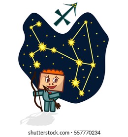 Cartoon Zodiac signs. Vector illustration of the Sagittarius with a rectangular face. A schematic arrangement of stars in the constellation Sagittarius
