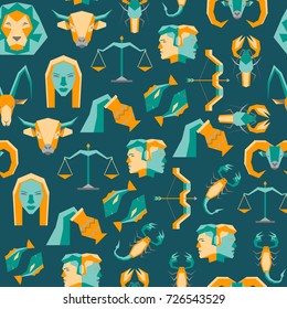 Cartoon Zodiac Symbol Background Pattern on a Blue Flat Style Design Concept Astrological Elements for Web. Vector illustration