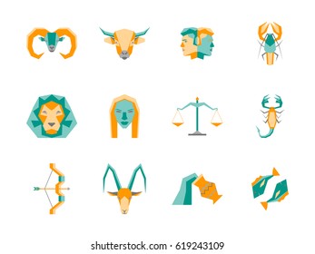 Cartoon Zodiac Symbol Color Icons Set Flat Style Design Concept Astrological Elements for Web. Vector illustration