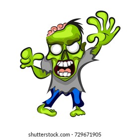 Cartoon zombie with arm eaten off, isolated on white